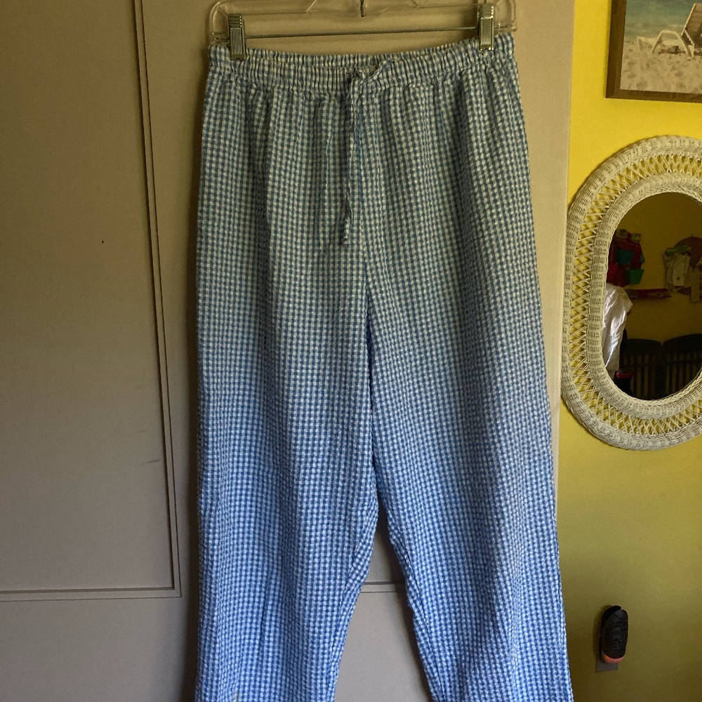 Blue white check 100% cotton seersucker pull on pants, drawstring, pockets S